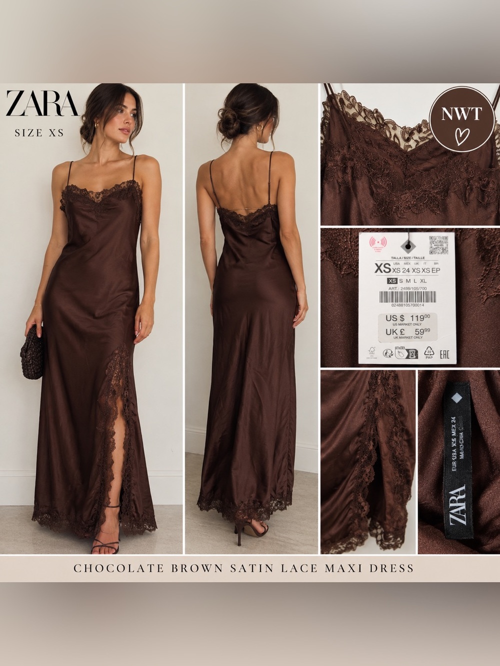ZARA NWT Chocolate Brown Satin Lace Maxi Slip Dress XS